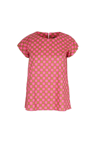 Olga de Polga Harlequin tee in Pink colour from our Lulu range. Crew neckline and cap sleeves, this is a flattering tee with a button fastening at the back neck. Front view