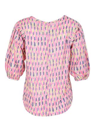 Olga de Polga Ibiza blouse in pink Watermelon print. Wide round neckline and half sleeves. Back view