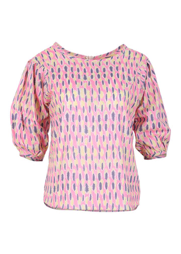 Olga de Polga Ibiza blouse in pink Watermelon print. Wide round neckline and half sleeves. Front view