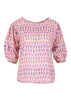 Olga de Polga Ibiza blouse in pink Watermelon print. Wide round neckline and half sleeves. Front view