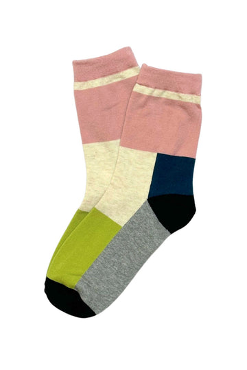 Olga de Polga Rubix Socks Pink with green, navy, beige , black and grey accents.