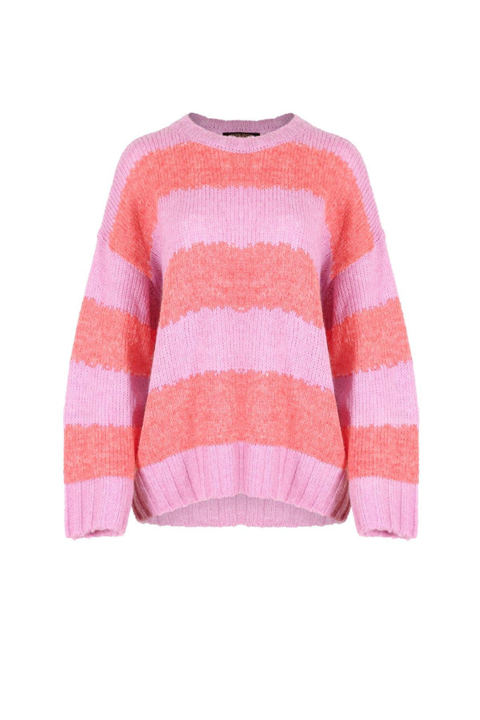 Baby pink and orange pink striped knit sweater with long sleeves and crew neckline. With dropped shoulders and long sleeves to create a comfortable feel. Wool and alpaca fibres. Front view.
