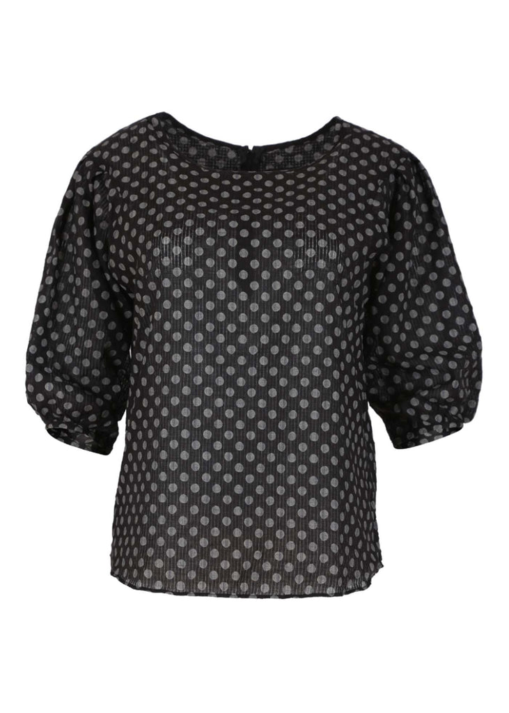 Olga de Polga Black Polka Dot blouse with half sleeves and a round neckline. The blouse has a zip fastening at the back. The top is hip length. Front view