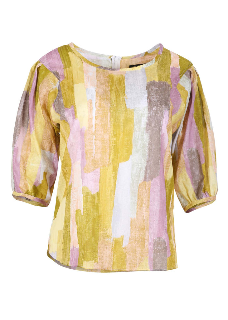 Olga de Polga Blouse in our Providencia Sunset print combines soft shades of sunset pinks and lilacs with warm yellow. In 100% silk-like soft and silky cotton voile. Front view
