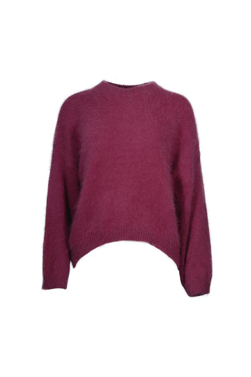 Olga de Polga cosy Women's Montreal Sweater in Angora in a soft purple plum colour. Long sleeves, cropped length, round neckline, dropped shoulders. Ribbing at neckline, cuffs and hem. Front view