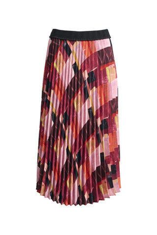 Olga de Polga classic pleated skirt in printed Kismet Blush Pink. Midi length. Fully elasticated waistband. Front view