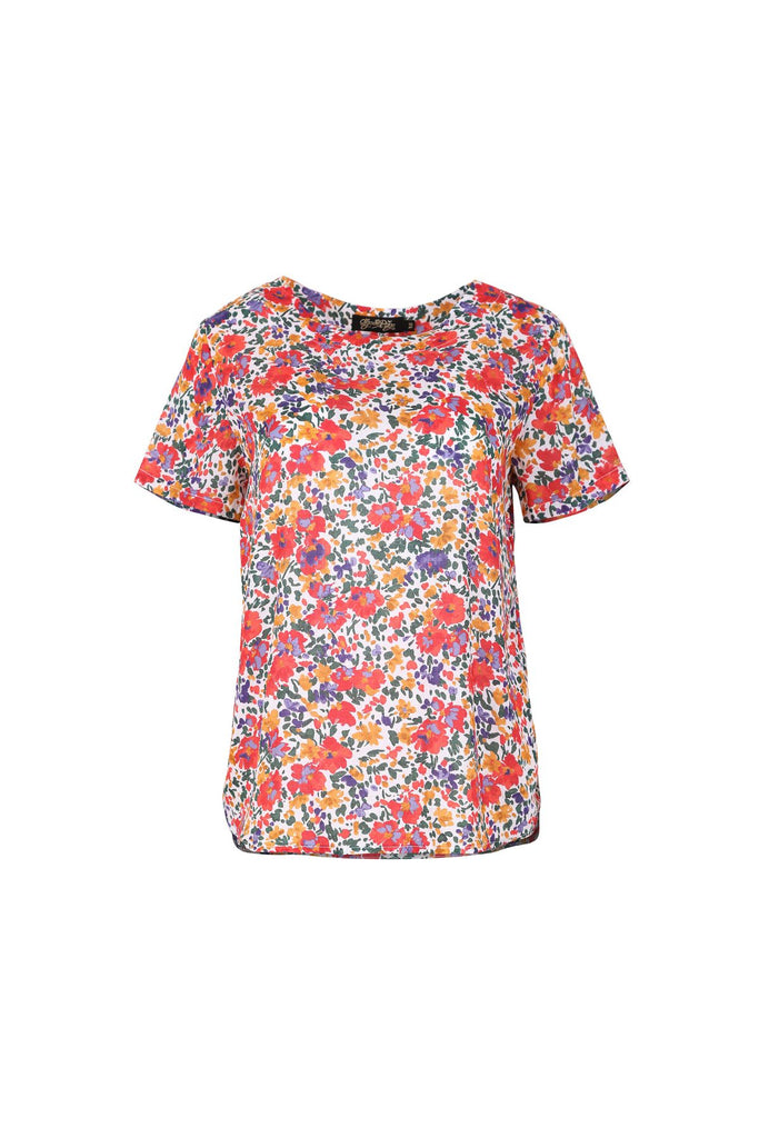 Olga de Polga women's red printed floral top t-shirt with short sleeves and a round neckline. Front view