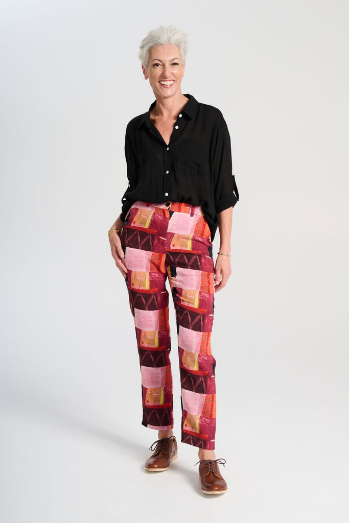 Olga de Polga Printed Pantalon pants in Kismet Blush. Front view on model.
