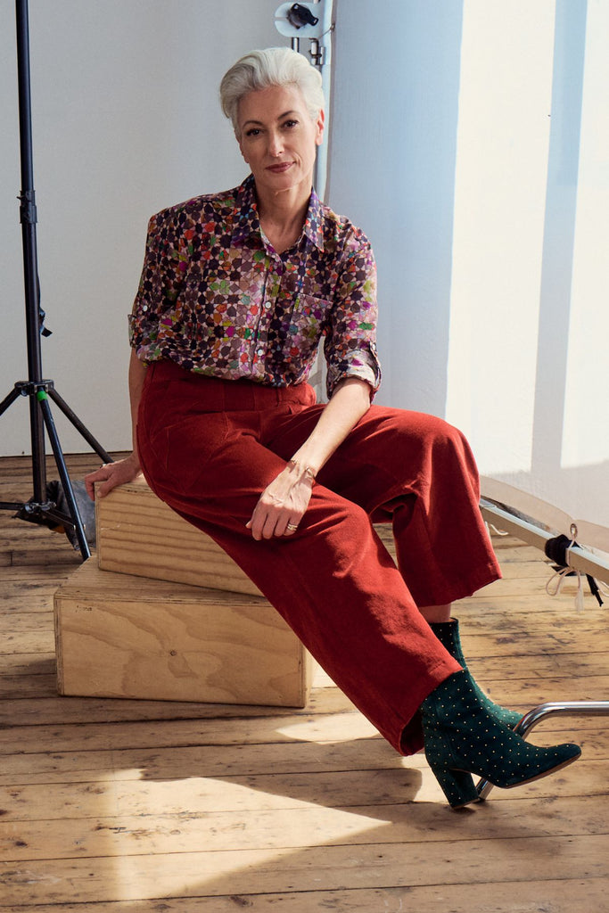 Olga de Polga Vino Peggy Sue Pants in soft velvet corduroy.  Also available in a long length.  Front view on model.