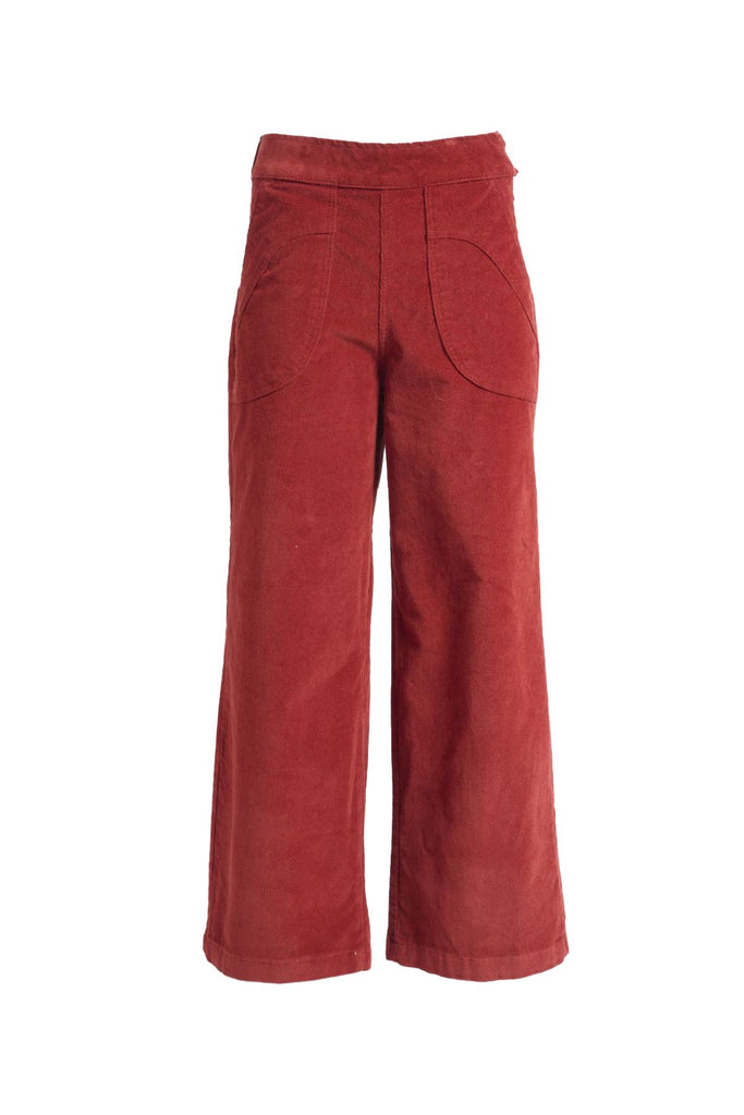 Olga de Polga Red Peggy Sue Long Pants in Vino. Made in soft cotton velvet corduroy. Back elastic waist, front flat waistband. Large patch pockets. Front view