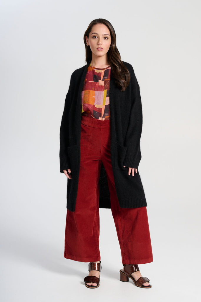 Olga de Polga Vino Peggy Sue Pants in soft velvet corduroy.  Also available in a long length. Front full length view on model.