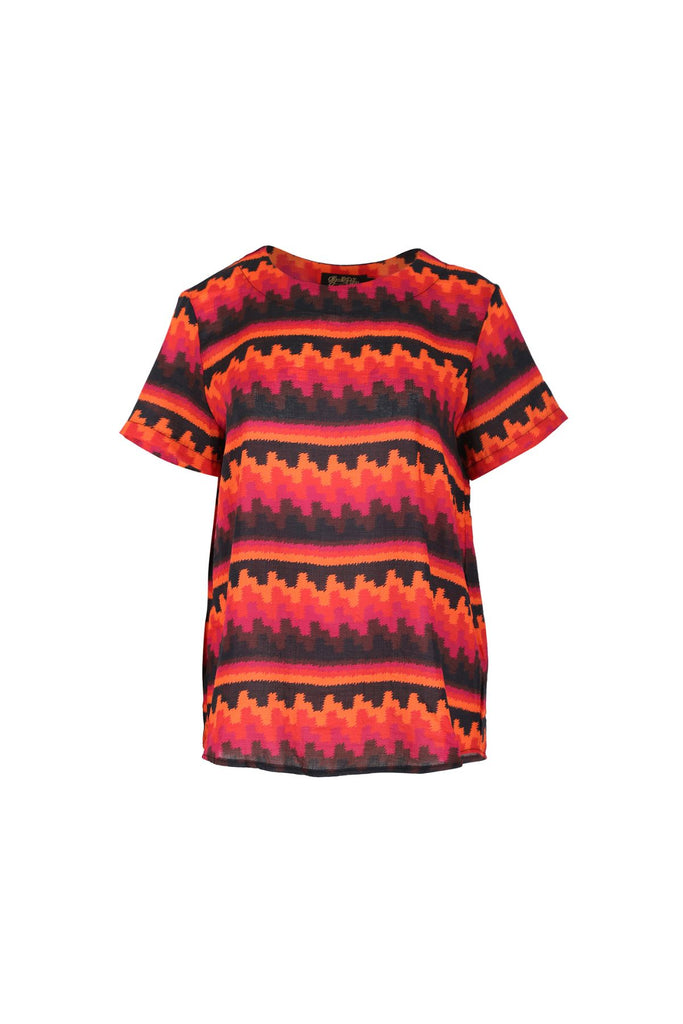 Olga de Polga women's red printed abstract top with short sleeves and a round neckline. Boxy fit. Front view