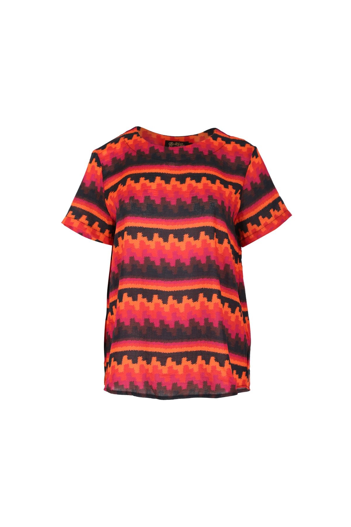 Olga de Polga women's red printed abstract top with short sleeves and a round neckline. Boxy fit. Front view