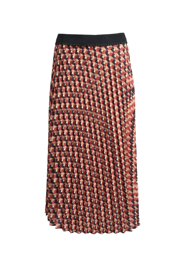 Olga de Polga printed pleat skirt in the Seraph Sunset print. Shades of orange, red and black. Fully elasticated waistband.  Front view