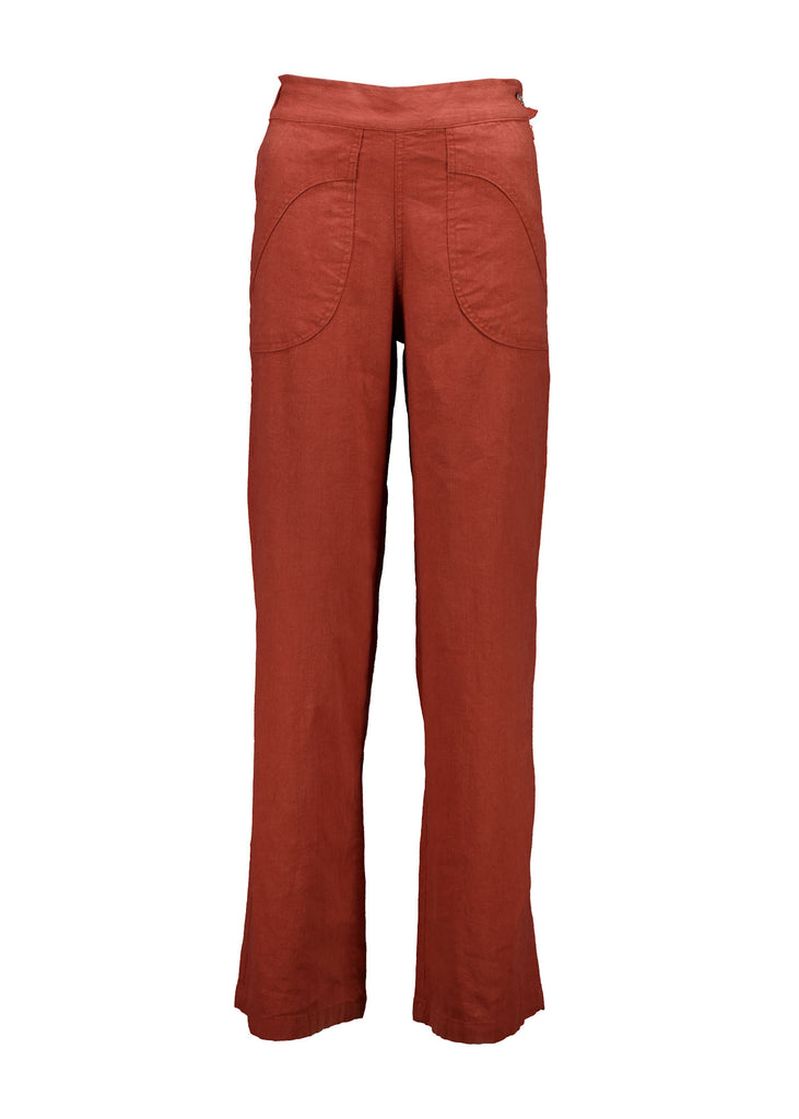 Olga de Polga Peggy Pants Long Lino in Rose Brick linen. Featuring a flattering high waist with an elasticated back, these pants provide all-day comfort while maintaining a sleek, streamlined look. With their stretchy wide-leg fit, flat front, and full-length silhouette, they effortlessly elevate any outfit. Front view.