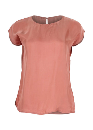 Olga de Polga classic tee in Salmon pink Bordeaux Cupro twill fabric. With a round neckline and cap sleeves this tee finishes at the hip. Front view