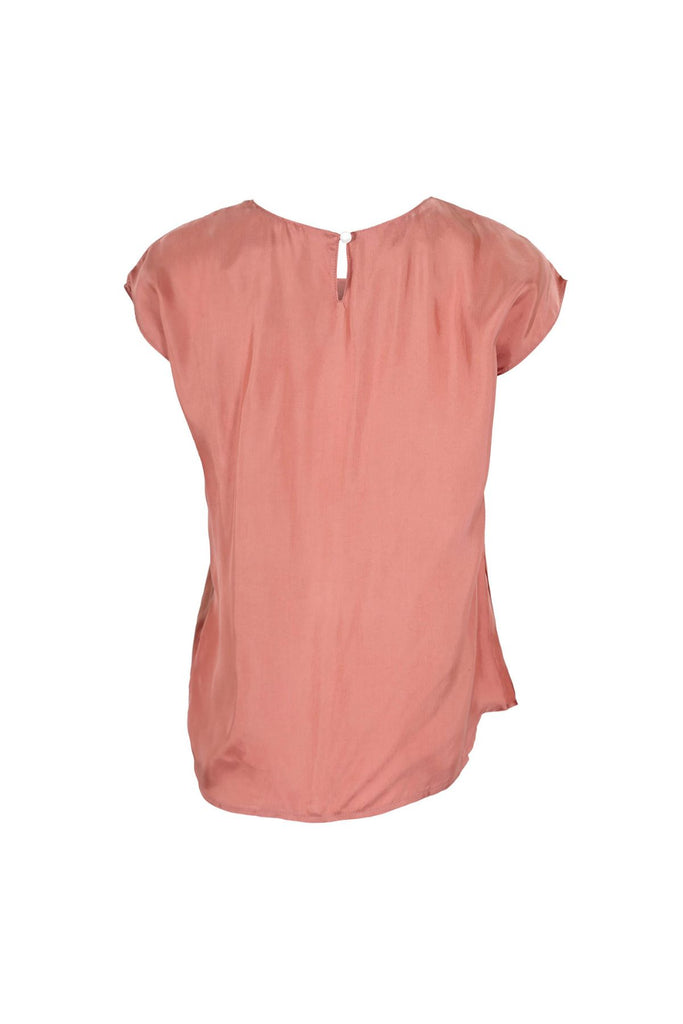 Olga de Polga Women's tee top with cap sleeves in Salmon and a round neckline. Back view 