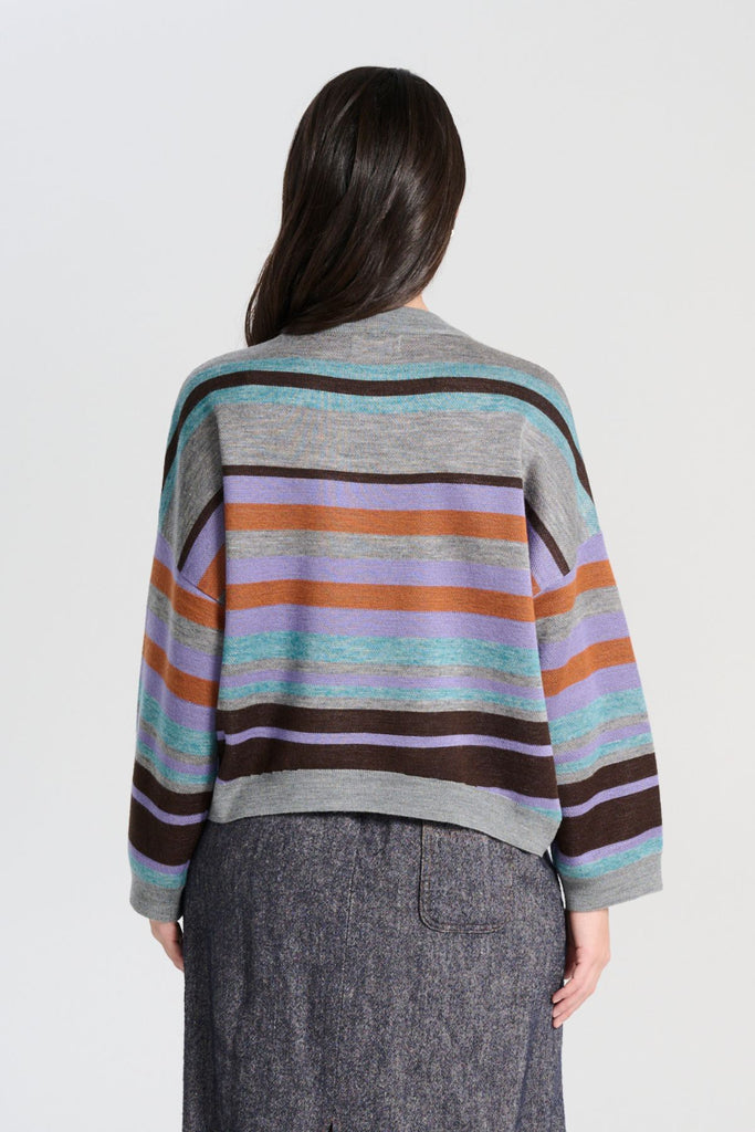 Olga de Polga Colorado Knit sweater in Sea. A beautifully textured knit, this sweater is the perfect balance of warmth, style, and versatility.  Back view on model