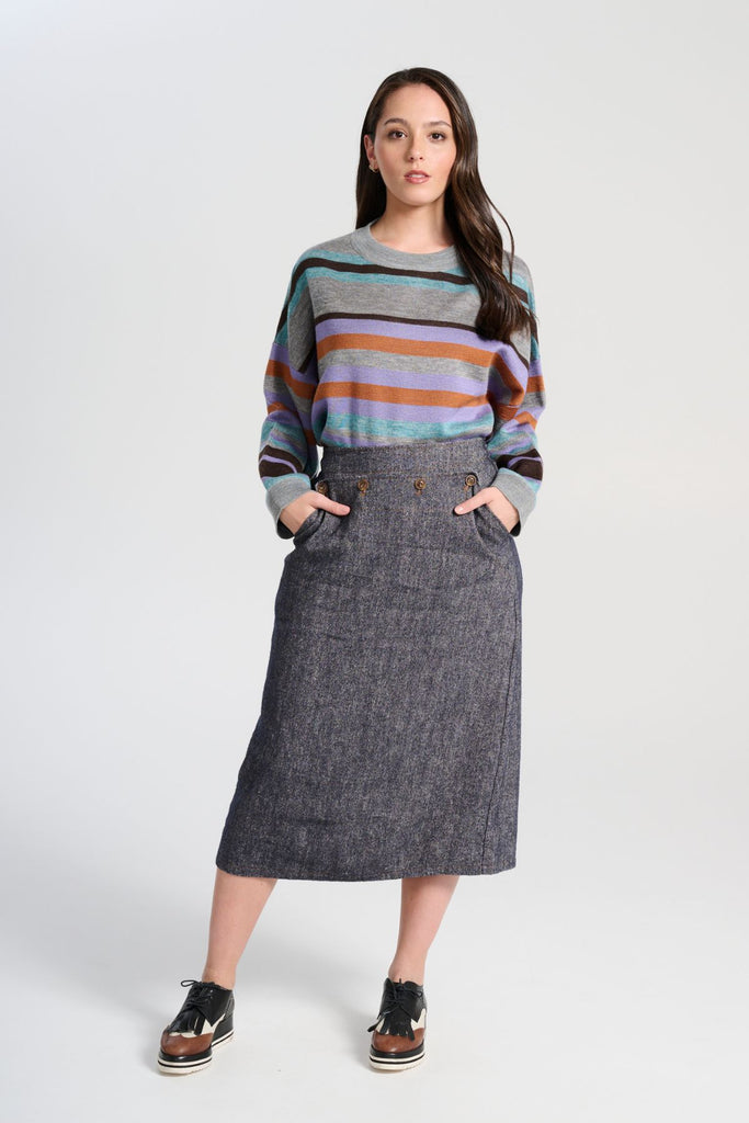 Olga de Polga Colorado Knit sweater in Sea. A beautifully textured knit, this sweater is the perfect balance of warmth, style, and versatility.  Front full length view on model