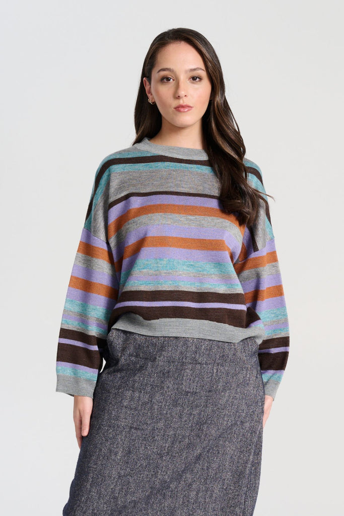 Olga de Polga Colorado Knit sweater in Sea. A beautifully textured knit, this sweater is the perfect balance of warmth, style, and versatility.  Front view on model