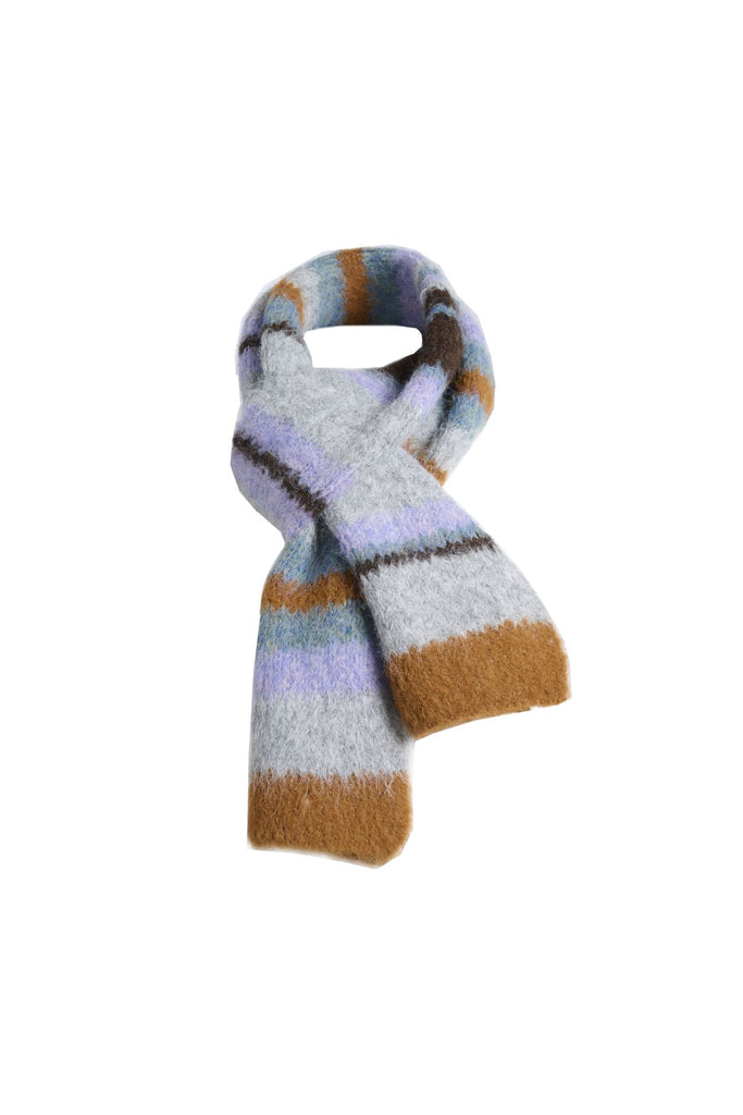 Olga de Polga striped mohair knit scarf in grey, lilac and tan.