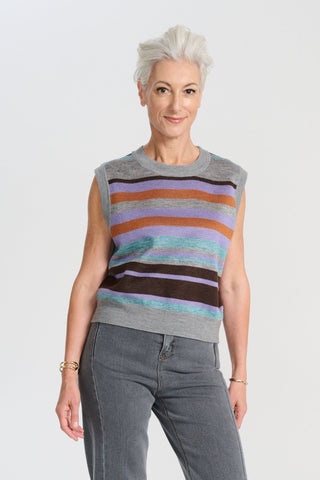 Olga de Polga Colorado knitted vest in Sea - striped, grey with muted tones. Front view on model