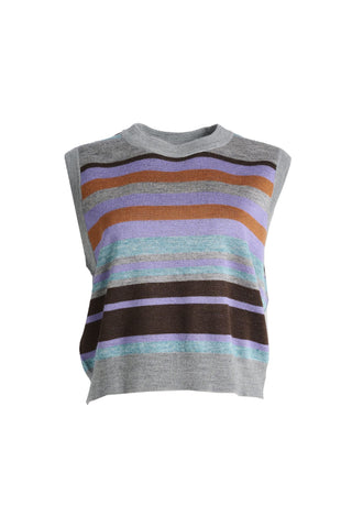  FOlga de Polga Colorado knitted vest in Sea - striped, grey with muted tones. Front view
