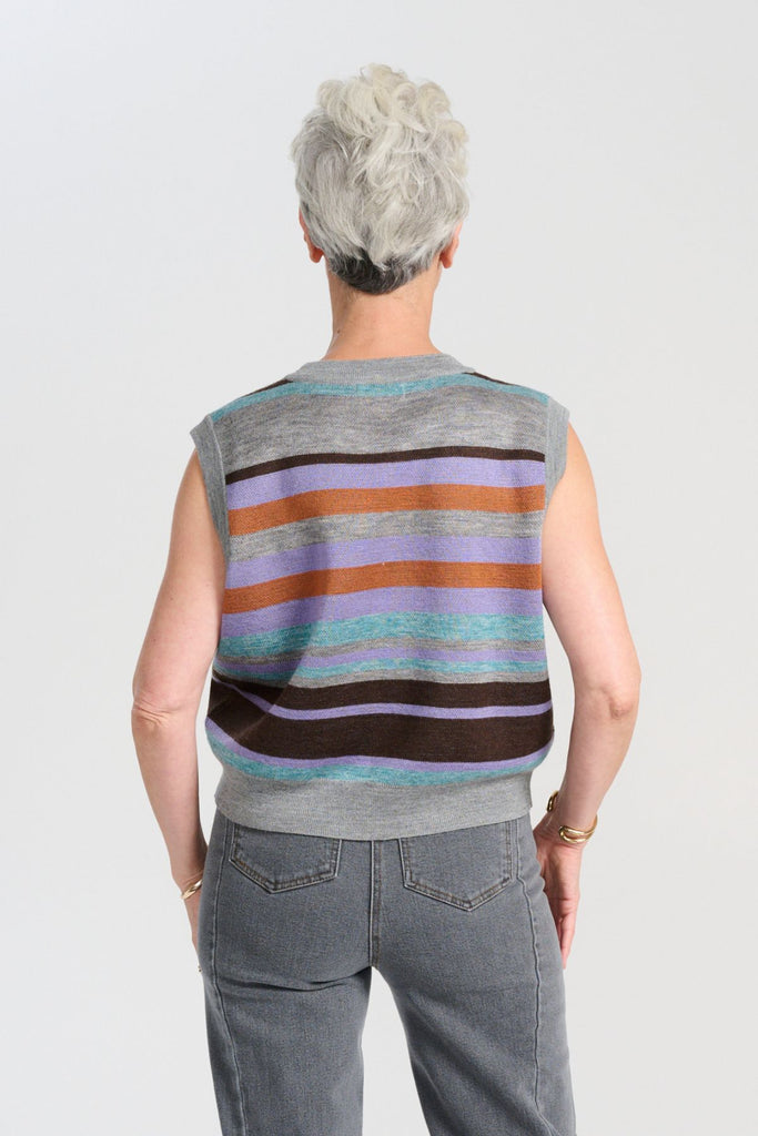 Olga de Polga Colorado knitted vest in Sea - striped, grey with muted tones. Back view on model