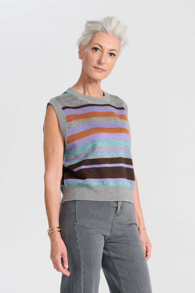 Olga de Polga Colorado knitted vest in Sea - striped, grey with muted tones.  Side view on model