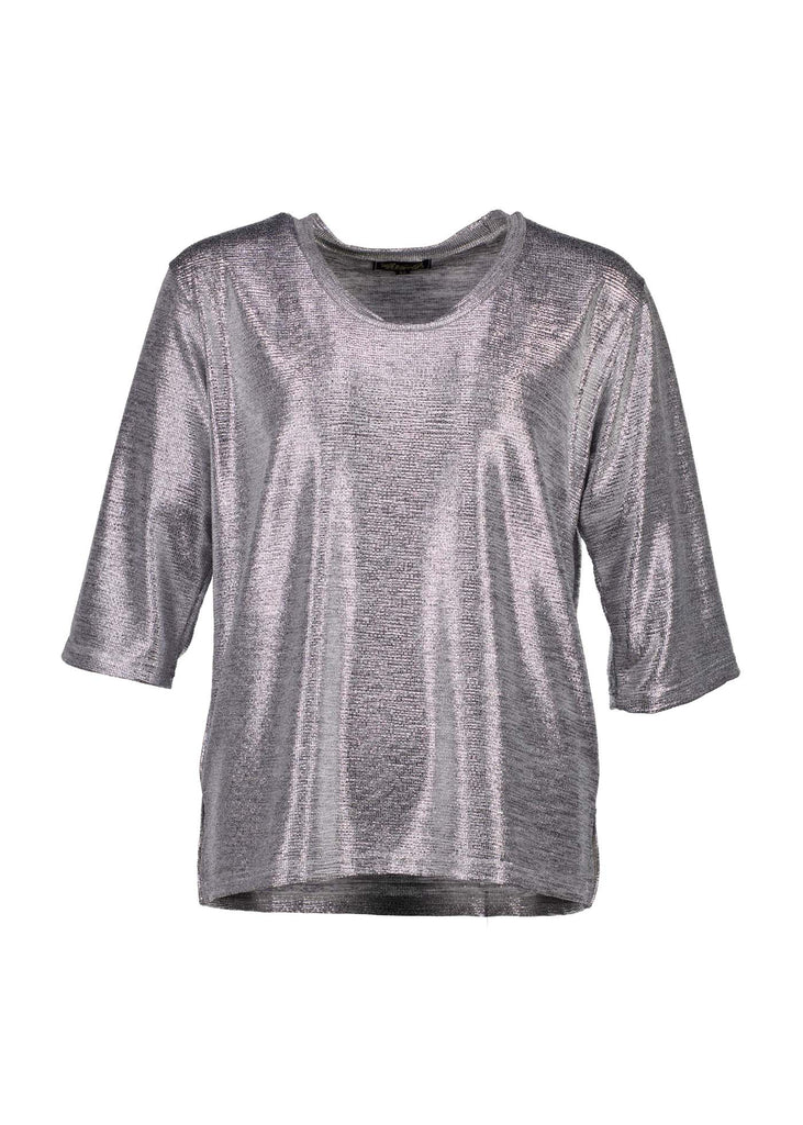 Olga de Polga silver prosecco top. Crafted from a soft, woven metallic fabrication, this top is comfortable enough to wear all day and night. With a relaxed fit, scoop neckline, and 3/4 length sleeves, your everyday t-shirt now boasts a lustrous twist.  Front