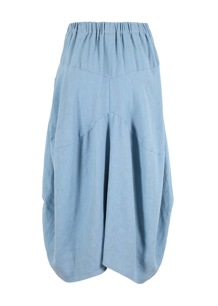 Light Blue Milwaukee Fiesta skirt in 100% linen. Unique A-line shape with a soft drape. Back view