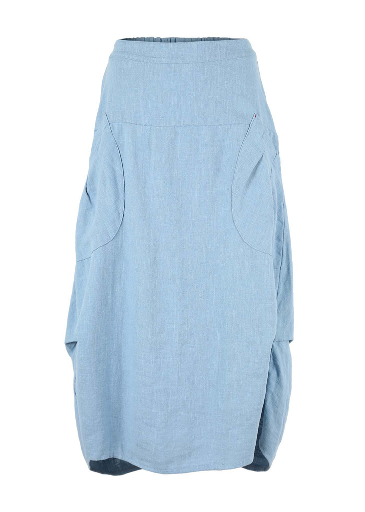 Light Blue Milwaukee Fiesta skirt in 100% linen. Unique A-line shape with a soft drape. Front view.