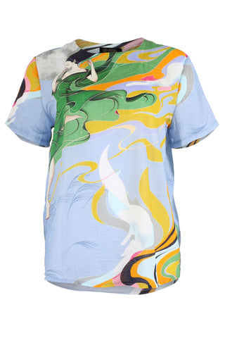 Olga de Polga classic top in Skylight, light blue Faith printed cotton seersucker. Front view.