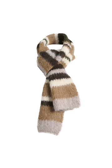Olga de Polga striped mohair knit scarf in tan, brown and cream