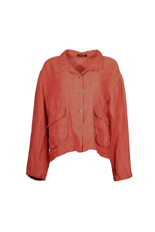 Olga de Polga Linen jacket crafted from a luxurious 100% linen fabric. In Tamarillo - a burnt orange shade with a slight textured feel. Long sleeves, large front patch pockets with flaps, a button front. Wear the collar all the way done up, or can be left open for a more casual look. Front open view