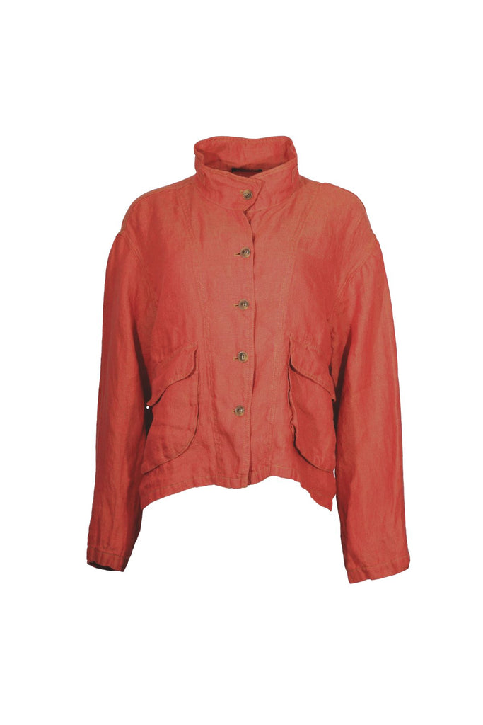 Olga de Polga Linen jacket crafted from a luxurious 100% linen fabric. In Tamarillo - a burnt orange shade with a slight textured feel. Long sleeves, large front patch pockets with flaps, a button front. Wear the collar all the way done up, or can be left open for a more casual look. Front buttoned up view