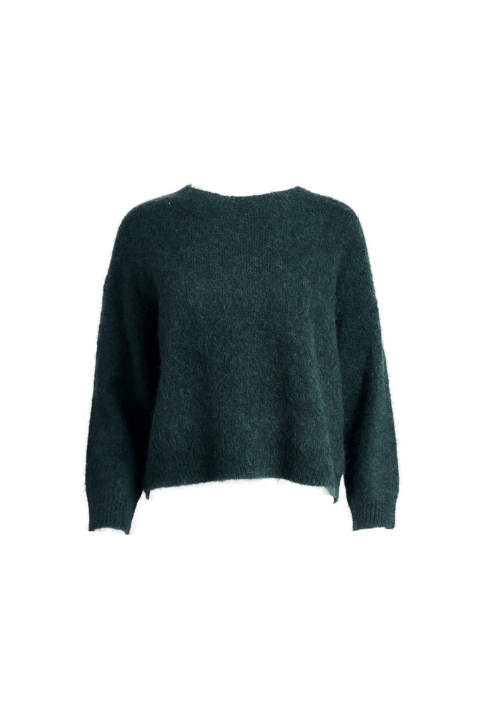 Olga de Polga Teal Aspen knit Sweater in Alpaca. Ribbing at neckline, cuff and hemline. Front view