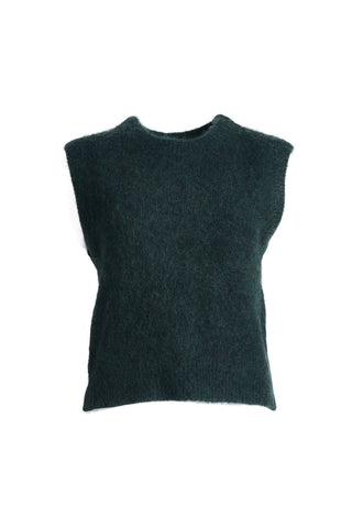 Olga de Polga Teal dark green Aspen Knit Vest in alpaca. A beautifully textured knit vest—your perfect layering essential for effortless, trans-seasonal styling.  Front view