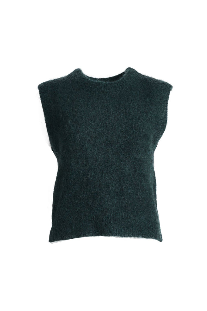 Olga de Polga Teal dark green Aspen Knit Vest in alpaca. A beautifully textured knit vest—your perfect layering essential for effortless, trans-seasonal styling.  Front view