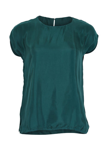 Olga de Polga classic tee in Teal Bordeaux Cupro Twill fabric, with a subtle sheen. With a round neckline and cap sleeves, this tee finishes at the hip. Front view