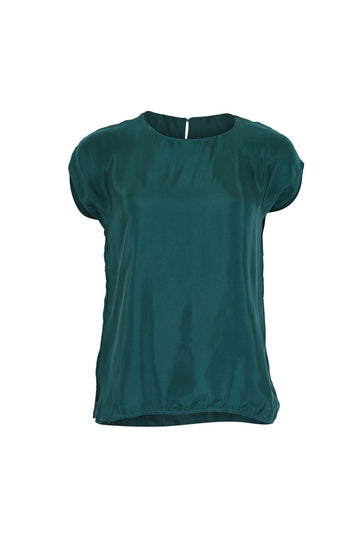 Olga de Polga womne's tee in Teal cupro viscose. Slink soft silky feel. Round neck, cap sleeves. Front view