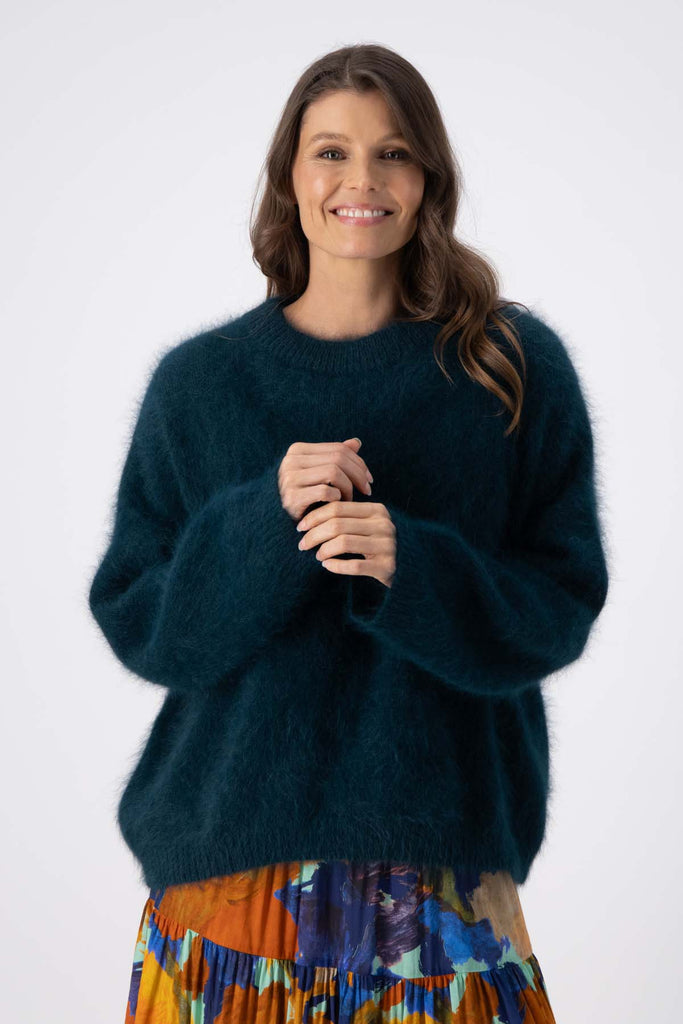 Olga de Polga Teal Montreal sweater knit jumper, with a crew neckline and droped shoulders. This is our cosiest jumper every! Front view
