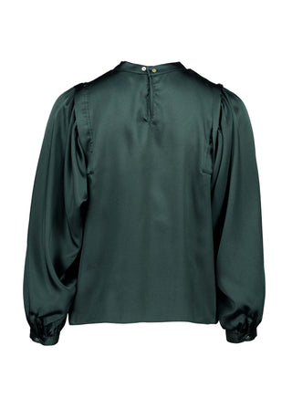 Olga de Polga Teal Monnshine Blouse in satin viscose. With billowing sleeves and a high neckline, this is a perfect date night go-to.  Back