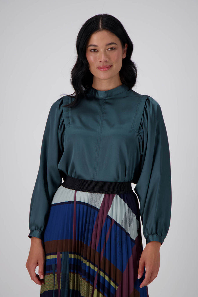 Olga de Polga Teal Monnshine Blouse in satin viscose. With billowing sleeves and a high neckline, this is a perfect date night go-to. Front view