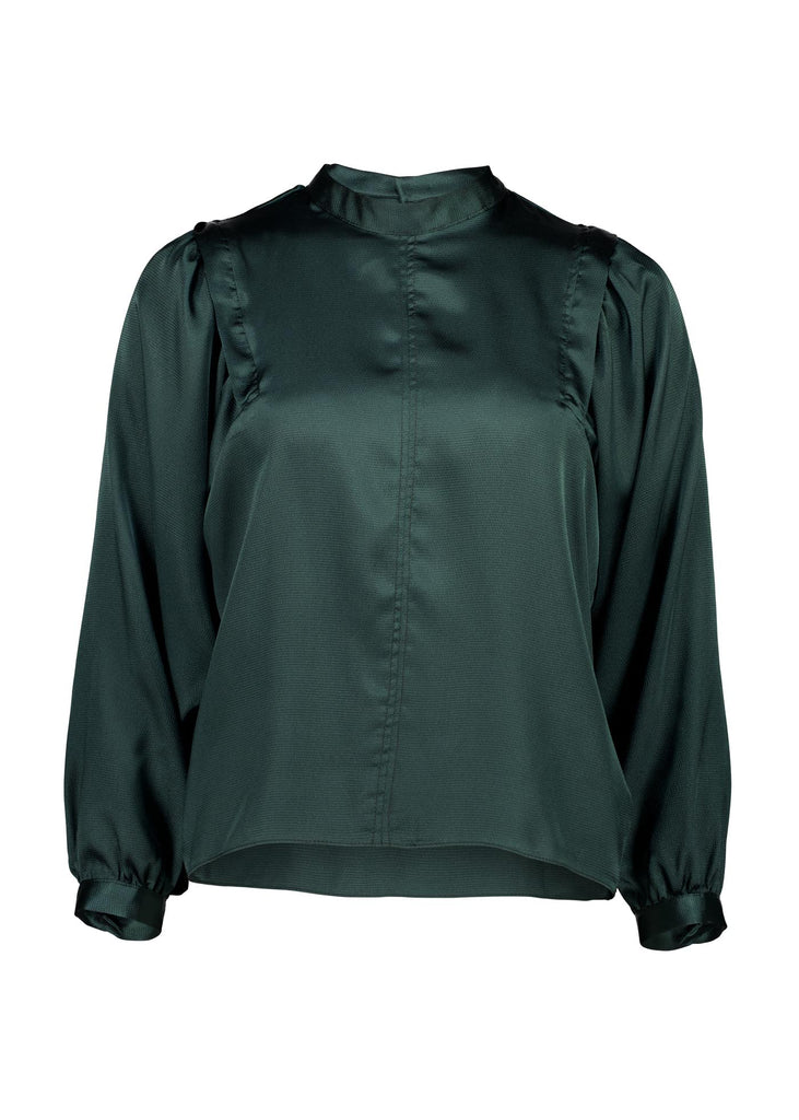 Olga de Polga Teal Monnshine Blouse in satin viscose. With billowing sleeves and a high neckline, this is a perfect date night go-to.  Front view