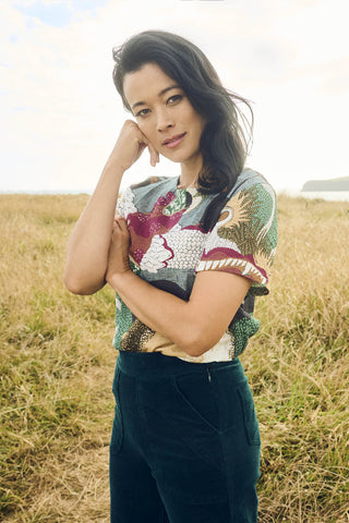 Olga de Polga Green Festival top in cotton seersucker.  Side view on model