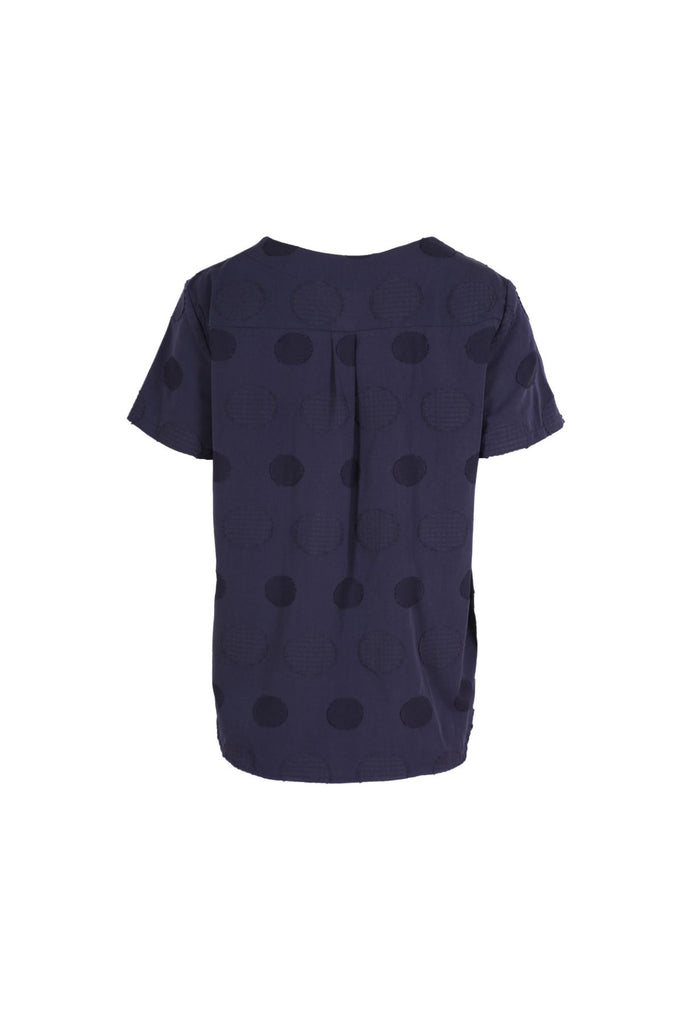 Olga de Polga women's top in navy Universal woven fabric. Circle pattern in a textured pattern, all in navy. Back view