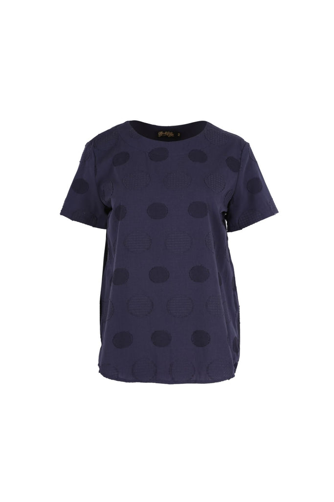 Olga de Polga women's top in navy Universal woven fabric. Circle pattern in a textured pattern, all in navy. Front 
