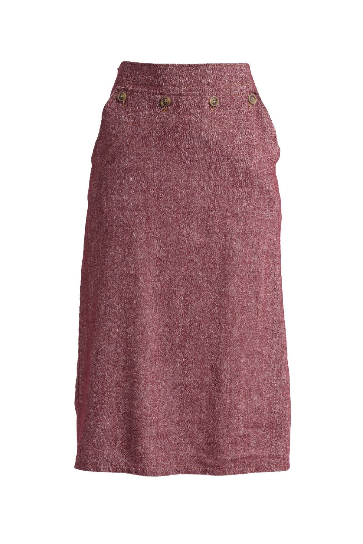 Olga de Polga Hepburn Haven skirt in Vino wool/linen. Unique front button feature, and has a back split. Finishes below the knee. Front view