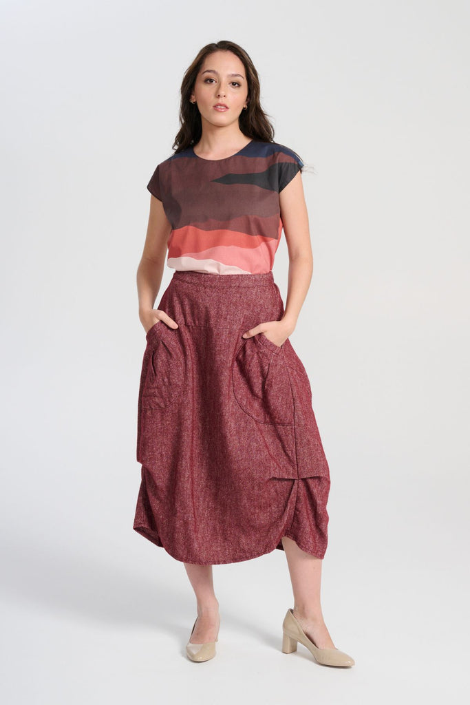 Olga de Polga Milwaukee Haven Skirt in Vino Wool/Linen blend. Front view on model